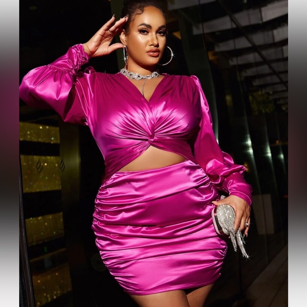 Glamaker Plus Twist Cut Out Front Ruched Satin Dress